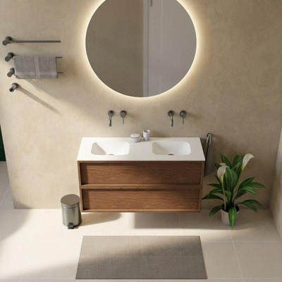 Saniclass Holz Frame Ensemble meuble de salle de bains - 120x45x61.5cm - Flow lavabo en solid surface blanc - 2 vasques - sans trous de robinet - 2 tiroirs - noyer pure mat (bois)