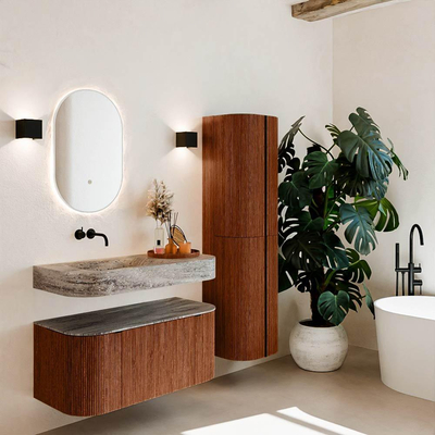 MONDIAZ THOR-DLUX 100cm meuble de salle de bains arrondi gauche + droite couleur Ruby avec 1 tiroir et 2 portes. Vasque suspendue CLOUD Gauche sans trou de robinet couleur Oza.