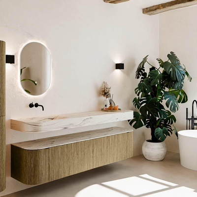 MONDIAZ THOR-DLUX Meuble de salle de bains 190cm arrondi gauche + droite couleur Dusk avec 2 tiroirs et 2 portes. Vasque suspendue CLOUD Gauche sans trou de robinet couleur Nata.