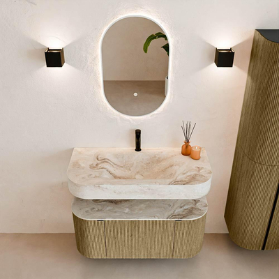 MONDIAZ THOR-DLUX 100cm meuble de salle de bains arrondi gauche + droite couleur Dusk avec 1 tiroir et 2 portes. Vasque suspendue CLOUD Milieu 1 trou de robinet couleur Frappe.