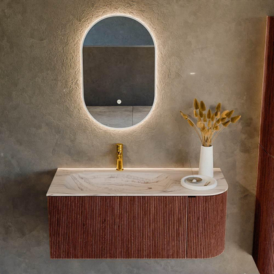 MONDIAZ KURVE-DLUX Meuble de salle de bains 105cm arrondi à droite couleur Ruby avec 1 tiroir et 1 porte. Lavabo BIG SMALL gauche 1 trou de robinet Nata.