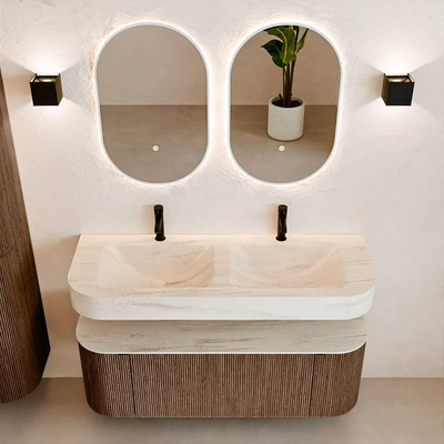 MONDIAZ THOR-DLUX 130cm meuble de salle de bains arrondi gauche + droite couleur Walnut avec 1 tiroir et 2 portes. Vasque suspendue CLOUD Double 2 trous de robinet couleur Meli.