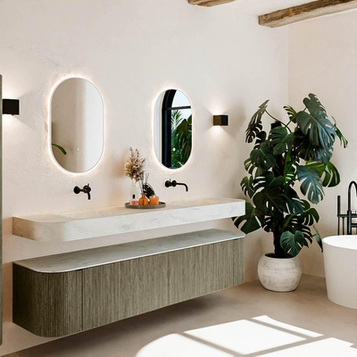 MONDIAZ THOR-DLUX 200cm meuble de salle de bains arrondi gauche + droite couleur Shadow avec 2 tiroirs et 2 portes. Vasque suspendue CLOUD Double sans trou de robinet couleur Opalo.