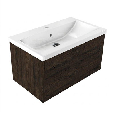 Saniclass Holz Frame Ensemble meuble de salle de bains - 80x45x43.5cm - Bari lavabo en céramique blanc - 1 vasque - 1 trou de robinetterie - 1 tiroir - chêne charcoal mat (bois)