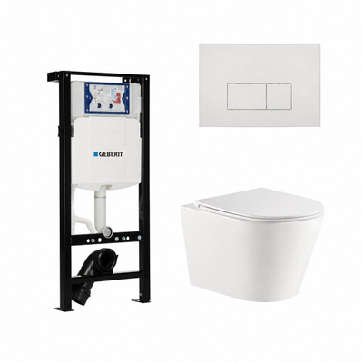 QeramiQ Dely Toiletset - 36.3x51.7cm - diepspoel - rimless - Geberit UP320 plieger inbouwreservoir - softclose toiletzitting - glans witte bedieningsplaat - rechthoekige knoppen - mat wit