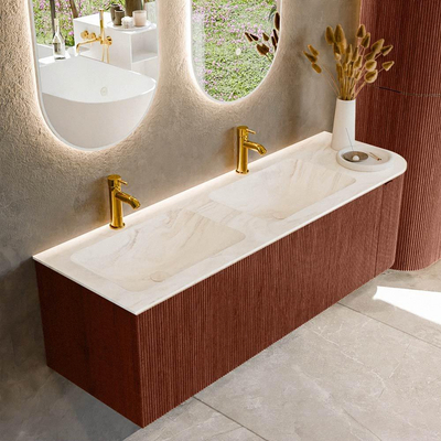 Mondiaz KURVE-DLUX Badkamermeubelset - 145x46x40cm - 1 lade - 1 deur - wastafel solid surface - dubbel / links - 2 kraangaten - Ruby