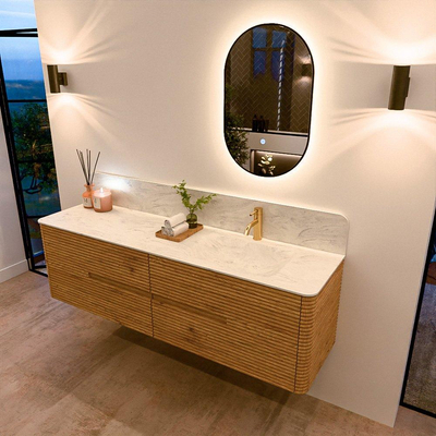 Mondiaz CIRO-DLUX Ensemble de meubles de salle de bains - 170x45x50cm - Plan vasque solid surface Opalo - 1 vasque à droite - 1 trou de robinet - 4 tiroirs - Chêne