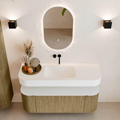 MONDIAZ THOR 130cm meuble de salle de bains arrondi gauche + droite couleur Dusk avec 1 tiroir et 2 portes. Vasque suspendue CLOUD Milieu sans trou de robinet couleur Talc.