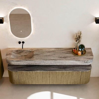 MONDIAZ THOR-DLUX Meuble de salle de bains - 190cm - arrondi gauche + droite - couleur Dusk - 2 tiroirs et 2 portes - Vasque suspendue CLOUD Gauche sans trou de robinet - couleur Oza