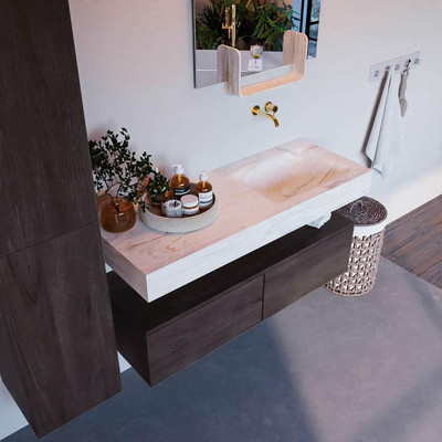 Mondiaz ALAN-DLUX Ensemble de meuble de salle de bain - 130x46cm - 2 tiroirs - vasque suspendue - sans trous de robinetterie - 2 à droite - Dark Brown (chêne foncé)