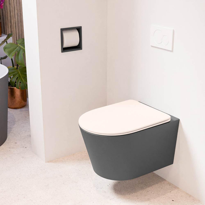 Mondiaz LAVIE hangtoilet – spoelrandloos – 36 x 53 cm – met softclose zitting – Dark grey (grijs), zitting Rosee (roze)