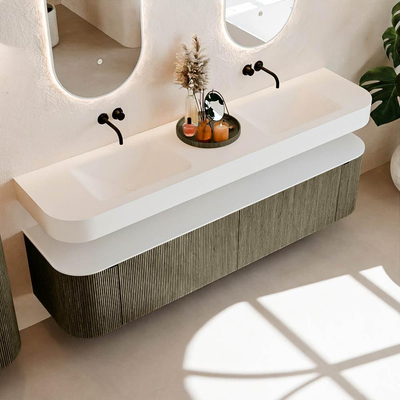 MONDIAZ THOR Meuble de salle de bains 190cm arrondi gauche + droite couleur Shadow avec 2 tiroirs et 2 portes. Vasque suspendue CLOUD Double sans trou de robinet couleur Talc.