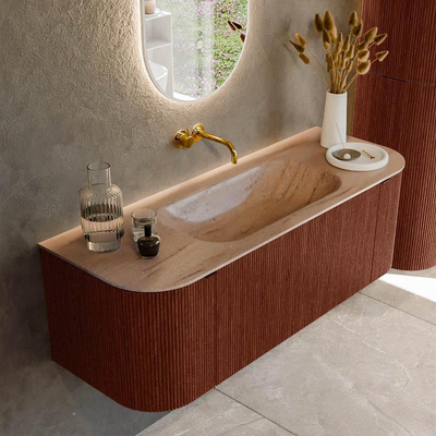 MONDIAZ KURVE-DLUX 130cm badmeubel ronding Links + Rechts kleur Ruby met 1 lade en 2 deuren. Wastafel BIG SMALL Midden zonder kraangat Saba.