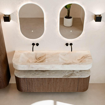 MONDIAZ THOR-DLUX 150cm meuble de salle de bains arrondi gauche + droite couleur Walnut avec 1 tiroir et 2 portes. Vasque suspendue CLOUD Double sans trou de robinet couleur Frappe.