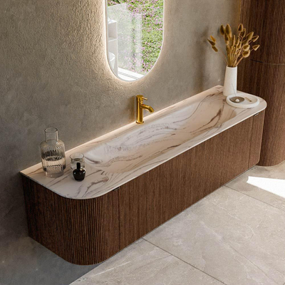 MONDIAZ KURVE-DLUX 170cm badmeubel ronding Links + Rechts kleur Walnut met 1 lade en 2 deuren. Wastafel BIG LARGE Midden 1 kraangat Nata.