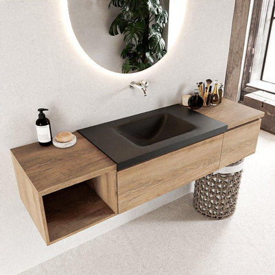 MONDIAZ BUKLA 160cm badmeubel met open module 40 links kleur Washed Oak met 2 lades. Wastafel CLOUD midden 0 kraangaten kleur Urban.