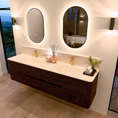 Mondiaz CIRO-DLUX Meuble de salle de bains - 190x45x50cm - Plan vasque Solid surface Meli - 2 vasques Double - 2 trous de robinetterie - 4 tiroirs - Noyer