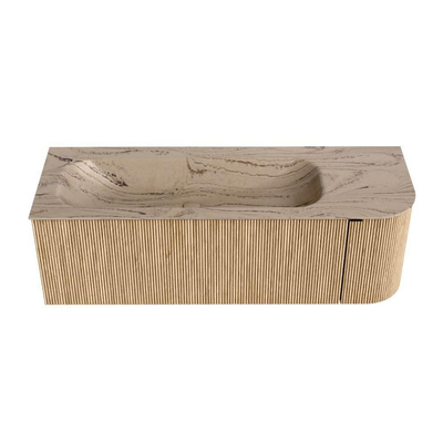 MONDIAZ KURVE-DLUX 135cm meuble de salle de bains courbe Droite couleur Chêne avec 1 tiroir et 1 porte. Lavabo BIG MEDIUM Gauche sans trou de robinet Arena.