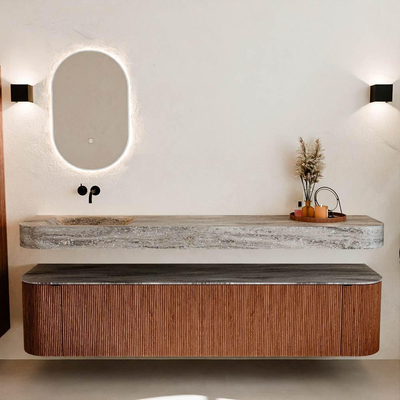 MONDIAZ THOR-DLUX 200cm meuble de salle de bains arrondi gauche + droite couleur Ruby avec 2 tiroirs et 2 portes. Vasque suspendue CLOUD Gauche sans trou de robinet couleur Oza.