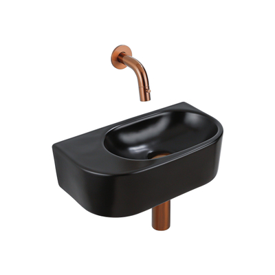 QeramiQ Fuente Ensemble de Lavabo - 40x21.5x12cm - lisse - demi-rond - céramique - ensemble de robinet en cuivre brossé - bouchon de vidange - siphon abaissé - noir mat