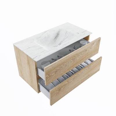 Mondiaz VICA-DLUX Ensemble de meuble de salle de bain - 90cm - meuble sous-vasque chêne blanchi - 2 tiroirs - lavabo encastré nuage milieu - sans trous de robinet - version haute de 60cm - opalo