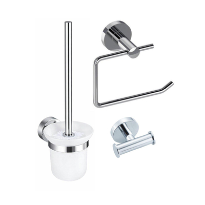 Fortifura Calvi Toiletset 3-delig - toiletrolhouder - zonder klep - toiletborstel - handdoekhaak dubbel rond - hoogglans chroom