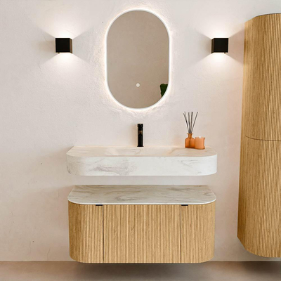 MONDIAZ THOR-DLUX 100cm badmeubel ronding links + rechts kleur Oak met 1 lade en 2 deuren. Vrijhangende wastafel CLOUD Midden 1 kraangat kleur Ostra.