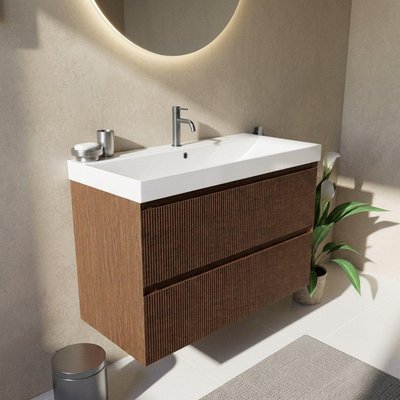 Saniclass Holz Atelier Ensemble de meubles de salle de bains - 100x45x67.5cm - lavabo Wave en céramique - 1 vasque - 1 trou de robinetterie - 2 tiroirs - walnut pure mat (bois)