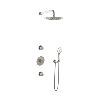 Hotbath Buddy IBS - Regendoucheset - 35cm wandarm - 30cm ronde hoofddouche - 3 standen handdouche - 2 stopkranen - geborsteld nikkel (RVS)