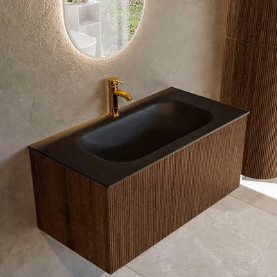 MONDIAZ KURVE 90cm badmeubel kleur Walnut met 1 lade. Wastafel BIG SMALL midden 1 kraangat Urban.