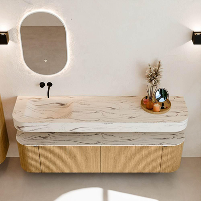 MONDIAZ THOR-DLUX 180cm badmeubel ronding links + rechts kleur Oak met 2 lades en 2 deuren. Vrijhangende wastafel CLOUD Links zonder kraangat kleur Nata.