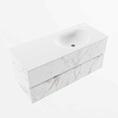 Mondiaz VICA ensemble de meuble de salle de bain - 110cm - meuble sous vasque carrara - 2 tiroirs - lavabo moon droite - sans trous de robinet - version haute de 60cm - talc