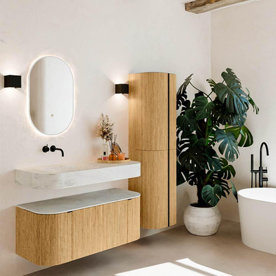 MONDIAZ THOR-DLUX Meuble de salle de bains - 110cm - arrondi gauche + droite - couleur Oak - 1 tiroir - 2 portes - Vasque suspendue CLOUD Gauche sans trou de robinet - couleur Opalo