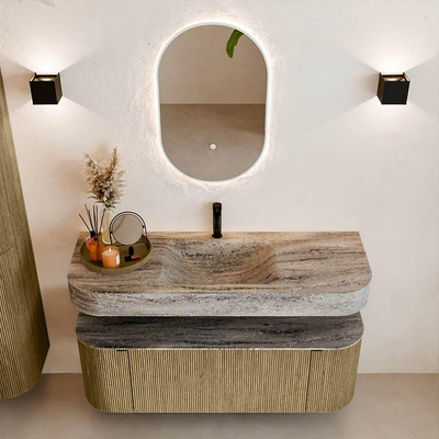 MONDIAZ THOR-DLUX 130cm meuble de salle de bains arrondi gauche + droite couleur Dusk avec 1 tiroir et 2 portes. Vasque suspendue CLOUD Milieu 1 trou de robinet couleur Oza.