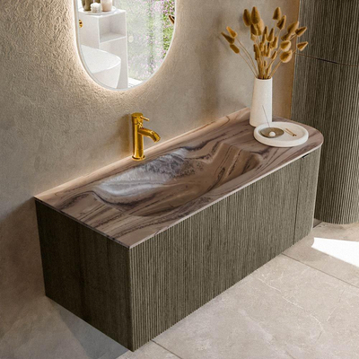 MONDIAZ KURVE-DLUX Meuble de salle de bains 115cm arrondi à droite couleur Shadow avec 1 tiroir et 1 porte. Lavabo BIG SMALL gauche 1 trou de robinet Sombra.