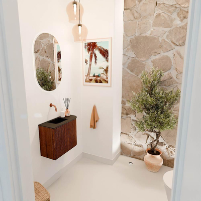 Mondiaz JOYA 51.6cm meuble de salle de bains - arrondi droit couleur Ruby - Vasque FAYE position Gauche Sans trou de robinet couleur Urban.