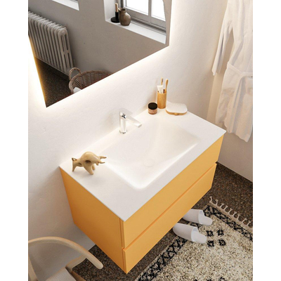 MONDIAZ VICA Ensemble de meuble salle de bain - 80cm - 2 tiroirs - lavabo Cloud central - 1 trou de robinet - solid surface ocre