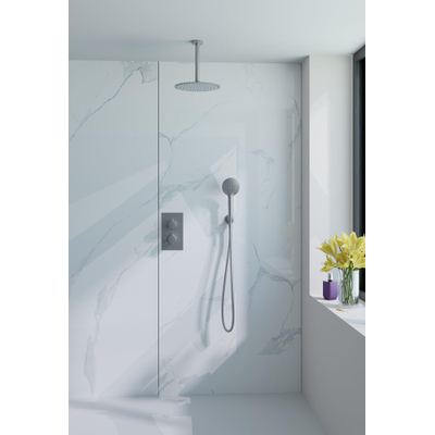 Fortifura Calvi Ensemble de douche pluie encastrable - thermostatique - bras plafond - pommeau 25cm - douchette ronde - flexible lisse - Inox brossé