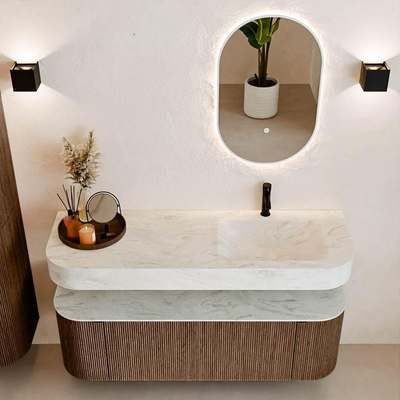 MONDIAZ THOR-DLUX 140cm meuble de salle de bains arrondi gauche + droite couleur Walnut avec 1 tiroir et 2 portes. Vasque suspendue CLOUD Droite 1 trou de robinet couleur Opalo.