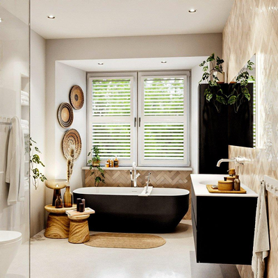 MONDIAZ VICA meuble sous lavabo 150cm Urban 2 tiroirs. Lavabo MOON central sans trou de robinet, couleur Talc.