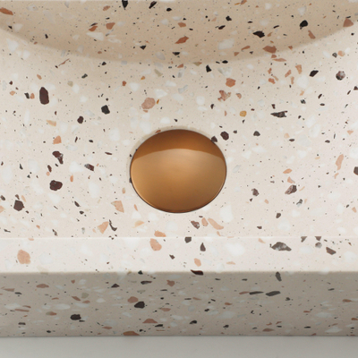 FugaFlow Eccelente Pietra Ensemble de fontaine - 40x22x10cm - trou de robinet à droite - robinet de fontaine en cuivre brossé PVD - bouchon de vidange - siphon abaissé - beige mat