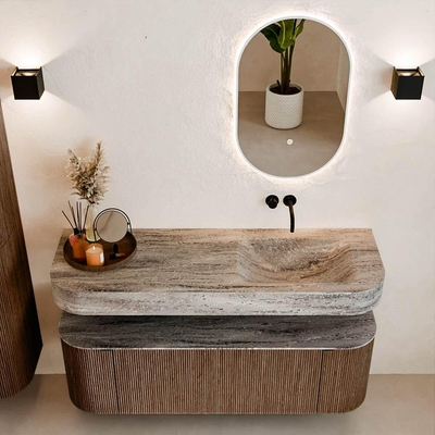 MONDIAZ THOR-DLUX 140cm meuble de salle de bains arrondi gauche + droite couleur Walnut avec 1 tiroir et 2 portes. Vasque suspendue CLOUD Droite sans trou de robinet couleur Oza.