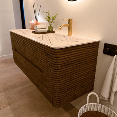 Mondiaz CIRO-DLUX Badkamermeubelset - 130x45x50cm - Solid surface wastafel Nata - 1 wasbak Rechts - 1 kraangat - 4 lades - Dusk