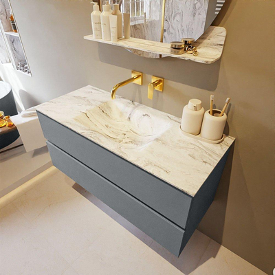 Mondiaz VICA-DLUX Ensemble de meuble de salle de bain - 110cm - meuble sous-vasque plata - 2 tiroirs - lavabo encastrée cloud milieu - sans trous de robinet - version haute de 60cm - glace