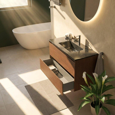 Saniclass Holz Pure Ensemble de meubles de salle de bains - 100x45x62cm - Vasque Vygo en céramique noire - 1 vasque - 1 trou de robinet - 2 tiroirs - walnut pure mat (bois)