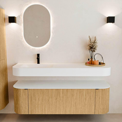 MONDIAZ THOR 150cm meuble de salle de bains arrondi gauche + droite couleur Oak avec 1 tiroir et 2 portes. Vasque suspendue CLOUD gauche 1 trou de robinet couleur Talc.
