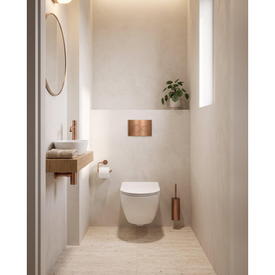 QeramiQ Dely Swirl Compact Toiletset - inbouwreservoir Geberit UP320 - met Burda frame - slim zitting - metalen bedieningsplaat koper - ronde knoppen - glans wit