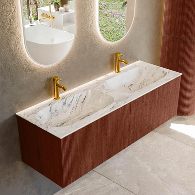 Mondiaz KURVE-DLUX Ensemble de meuble salle de bain - 140x46x40cm - 2 tiroirs - lavabo en solid surface - double - 2 trous de robinet - Ruby