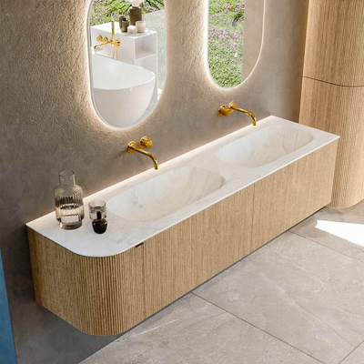 MONDIAZ KURVE-DLUX Meuble de salle de bains 175 cm avec module 25 L couleur Chêne avec 2 tiroirs et 1 porte. Plan-vasque STOR SMALL double / à droite sans trou de robinet couleur Opalo.