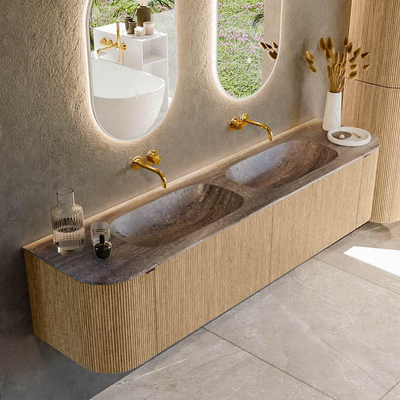 MONDIAZ KURVE-DLUX 190cm meuble de salle de bains arrondi Gauche + Droite couleur Chêne avec 2 tiroirs et 2 portes. Plan-vasque STOR SMALL Double sans trou de robinet Oza.